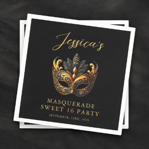 Masquerade Black Gold Sweet 16 Birthday Party Napkins