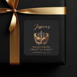Masquerade Black Gold Sweet 16 Birthday Party Square Sticker