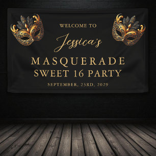 Masquerade Black Gold Sweet 16 Birthday Welcome Banner