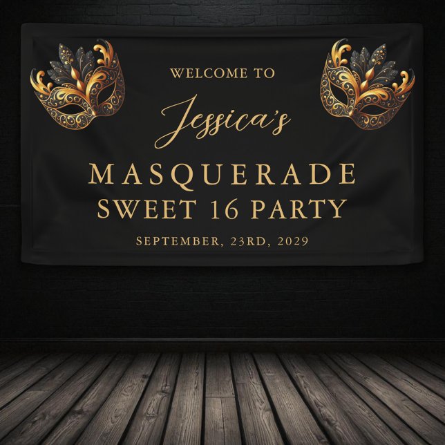 Masquerade Black Gold Sweet 16 Birthday Welcome Banner (Creator Uploaded)