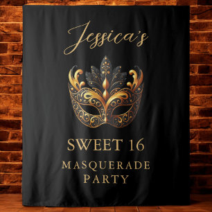 Masquerade Black Gold Sweet 16 Birthday Welcome Tapestry
