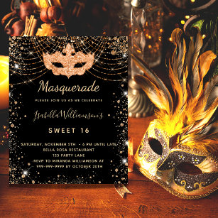 Masquerade black gold Sweet 16 budget invitation Flyer