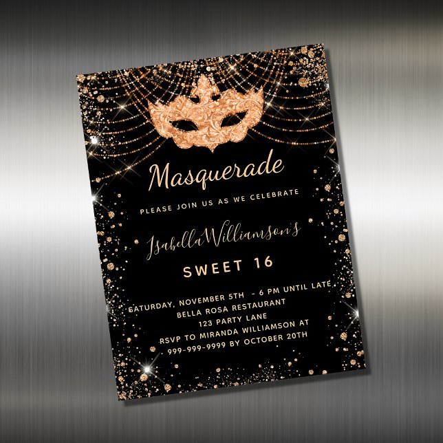 Masquerade black gold Sweet 16 invitation magnet