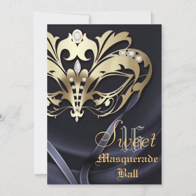 Masquerade Black Jeweled Sweet 16 Invitation (Front)