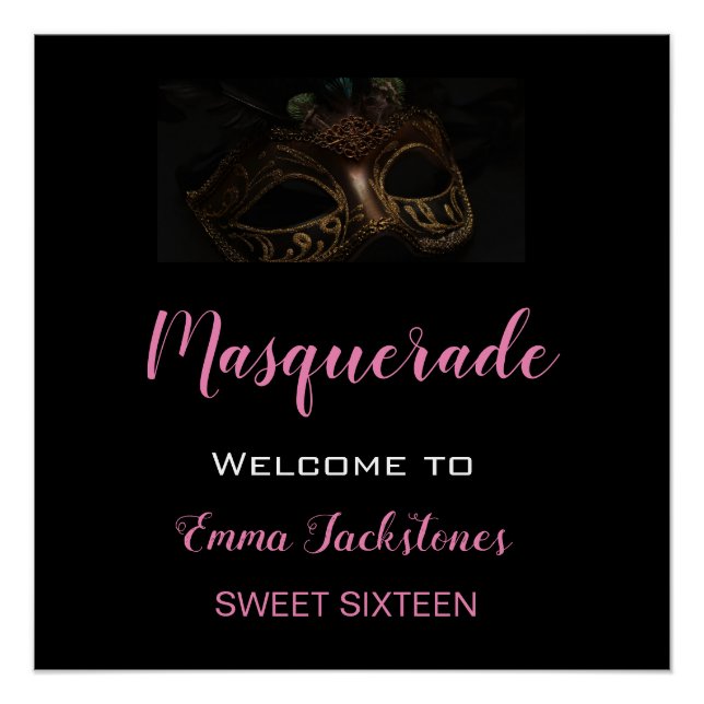 Masquerade Black & Pink Birthday Party  Poster (Front)