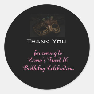 Masquerade Black Pink Birthday Thank You Classic Round Sticker