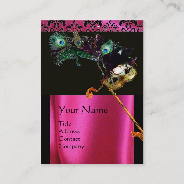MASQUERADE BLACK PINK FUCHSIA SILK DAMASK CLOTH BUSINESS CARD (Front)