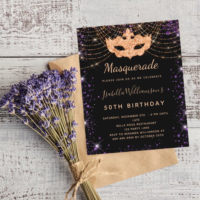 Masquerade black purple glitter birthday invitatio (Creator Uploaded)