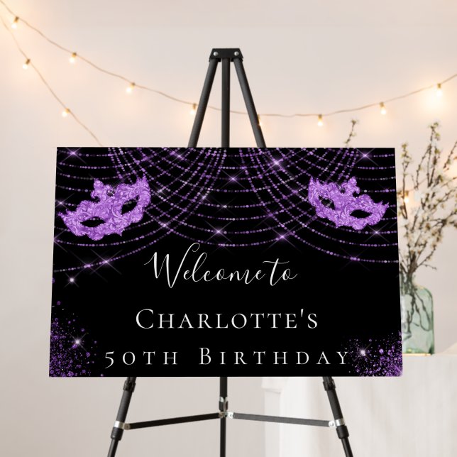 Masquerade black purple glitter birthday party foam board (In Situ (Stand))