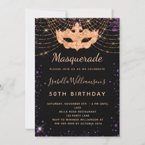 Masquerade black purple glitter dust birthday invitation
