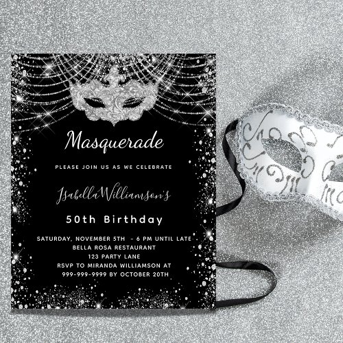 Masquerade black silver budget birthday invitation flyer