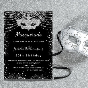 Masquerade black silver glitter birthday party invitation