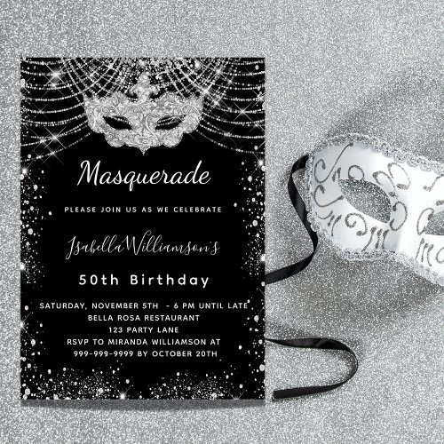 Masquerade black silver luxury birthday party  invitation
