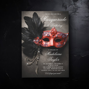 Masquerade Black Silver Red Moody 50th Birthday Invitation