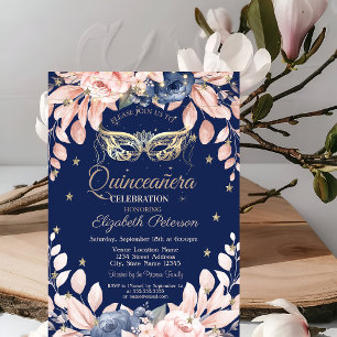 Masquerade,Blue Flowers,Gold Stars Quinceañera Invitation