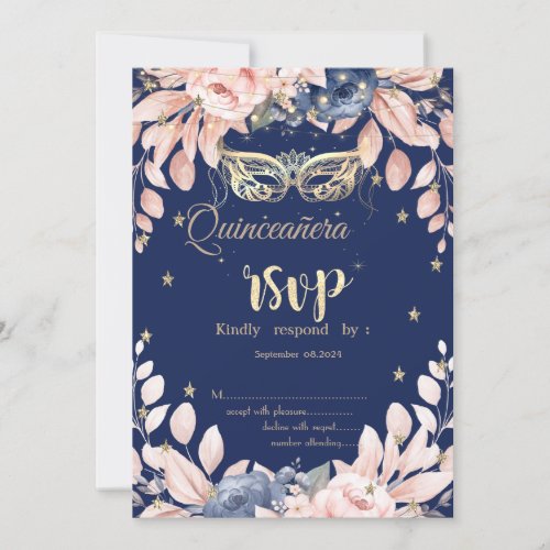 MasqueradeBlue Flowers Stars RSVP Invitation