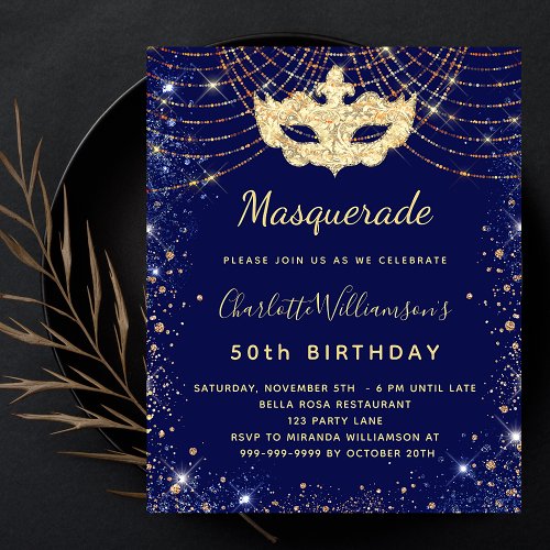Masquerade blue gold birthday budget invitation flyer