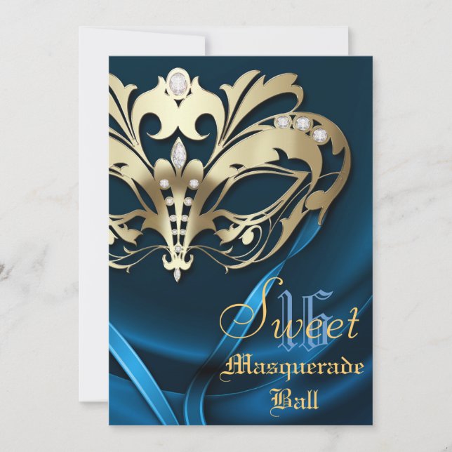 Masquerade Blue Jeweled Sweet 16 Invitation (Front)