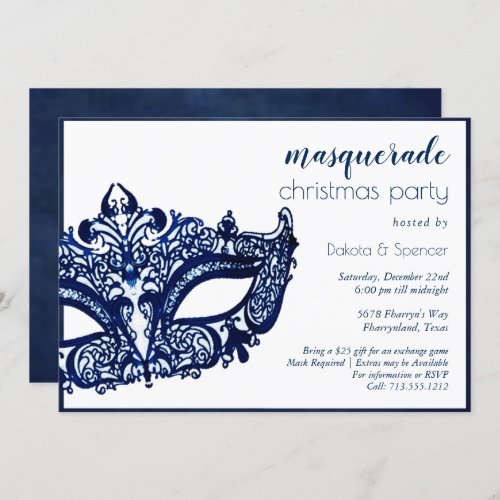 Masquerade Blue Mask  Mardi Gras Christmas Party Invitation