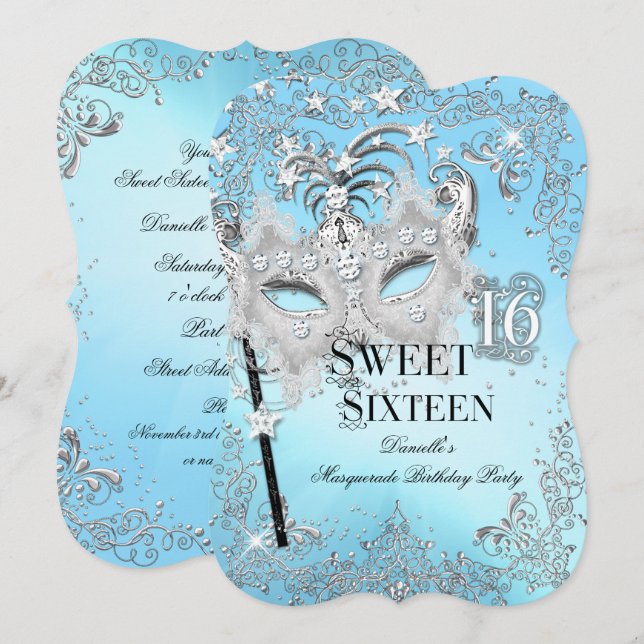 Masquerade Blue Silver Sweet 16 Birthday Invitation (Front/Back)