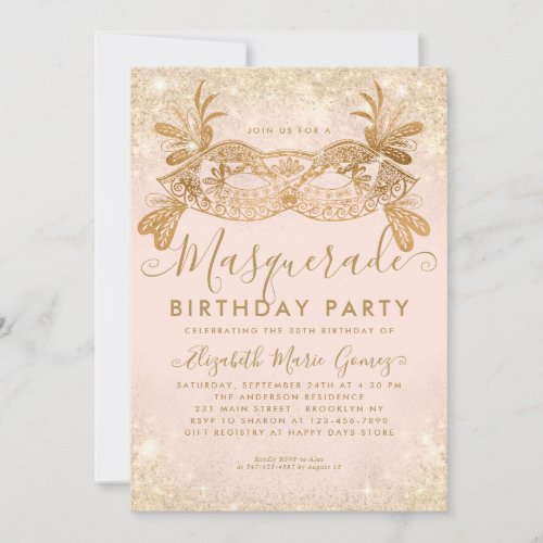 Masquerade Blush Pink Gold Glitter Birthday Party Invitation