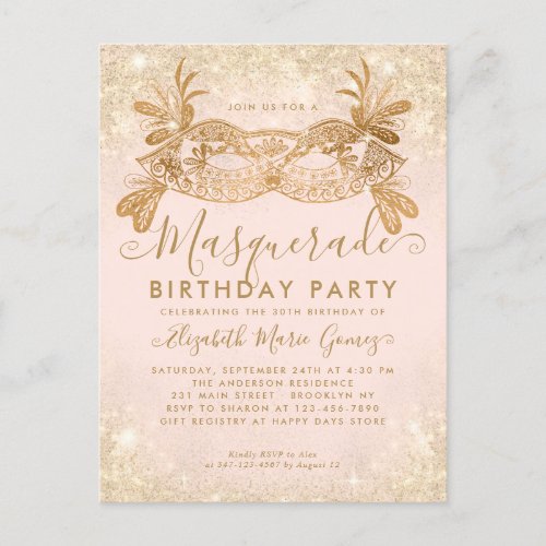 Masquerade Blush Pink Gold Glitter Birthday Party Postcard