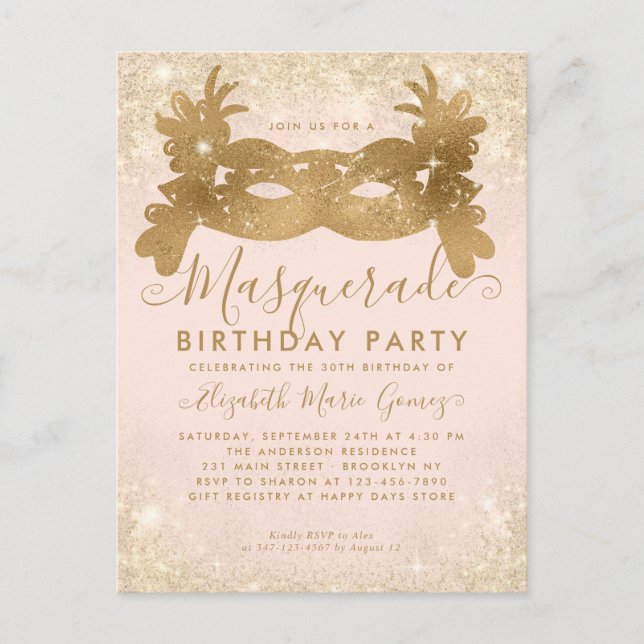 Masquerade Blush Pink Gold Glitter Birthday Party Postcard (Front)