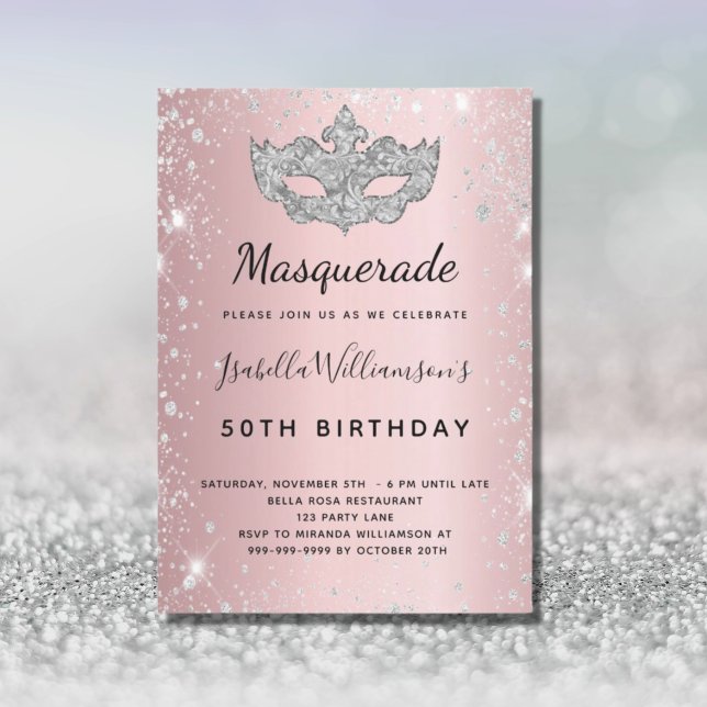 Masquerade blush pink silver glitter dust birthday invitation