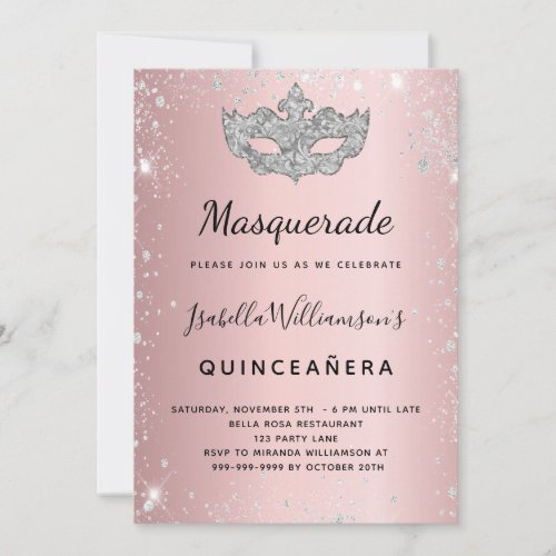Masquerade blush pink silver Quinceanera Invitation