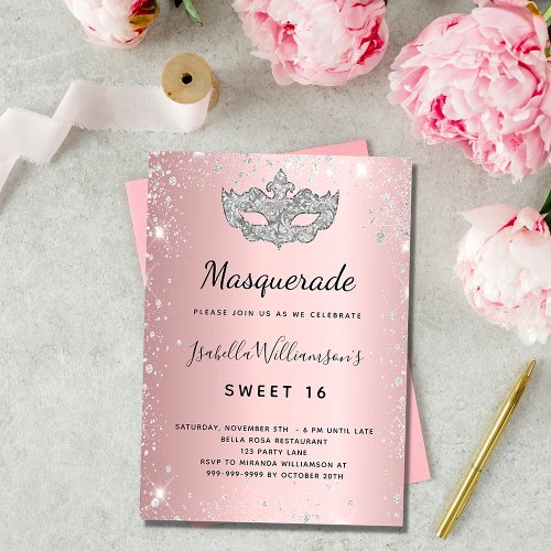 Masquerade blush pink silver Sweet 16 Invitation