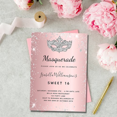 Masquerade blush pink silver Sweet 16 luxury Invitation