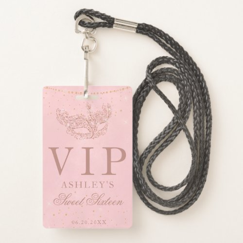 Masquerade blush rose gold glitter Sweet 16 VIP Badge