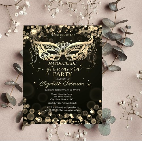 Masquerade Bokeh Dark Quinceaera Invitation Postcard