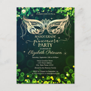 Masquerade Bokeh Green Dots Quinceañera Invitation Postcard