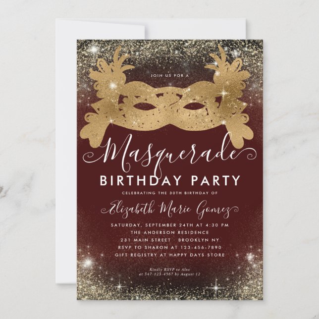 Masquerade Burgundy Gold Glitter Birthday Party Invitation (Front)