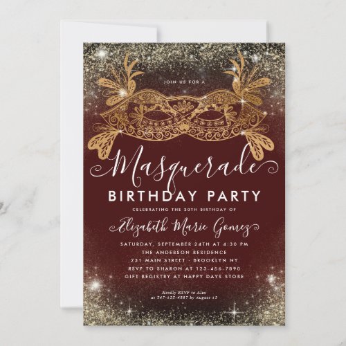 Masquerade Burgundy Gold Glitter Birthday Party Invitation