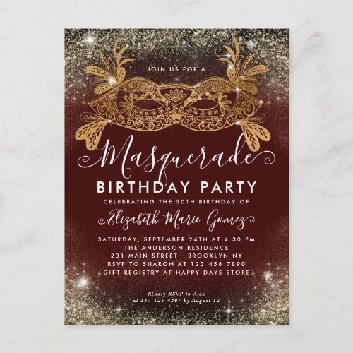Masquerade Burgundy Gold Glitter Birthday Party Postcard