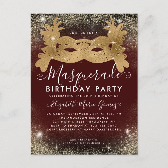 Masquerade Burgundy Gold Glitter Birthday Party Postcard (Front)