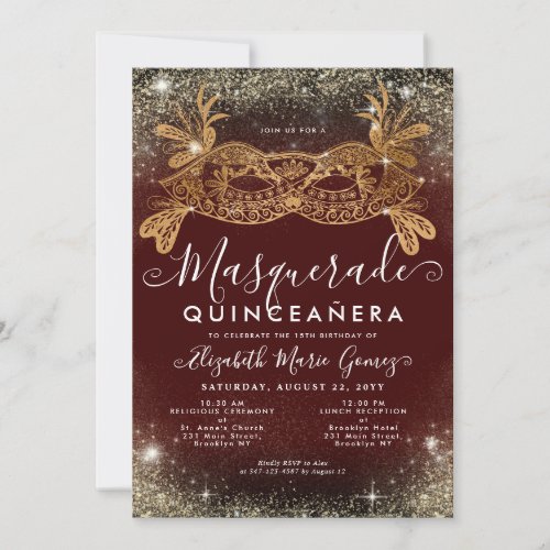 Masquerade Burgundy Red Gold Glitter Quinceanera Invitation