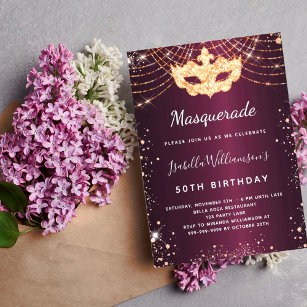 Masquerade burgundy rose gold glitter birthday invitation