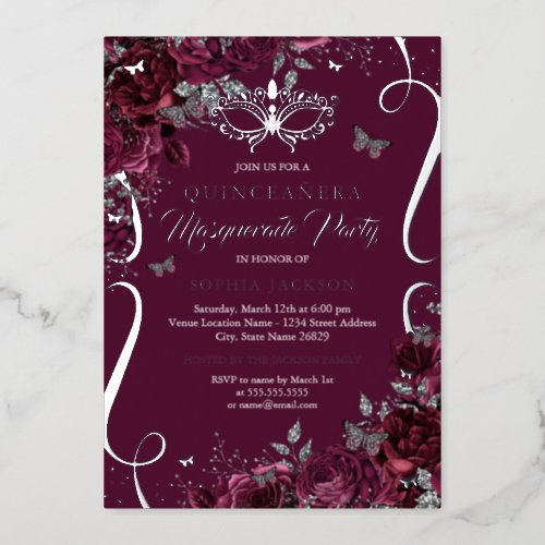 Masquerade Butterfly Burgundy Silver Quinceanera Foil Invitation