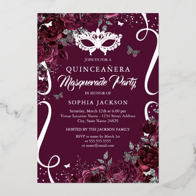 Masquerade Butterfly Burgundy Silver Quinceanera Foil Invitation (Front)