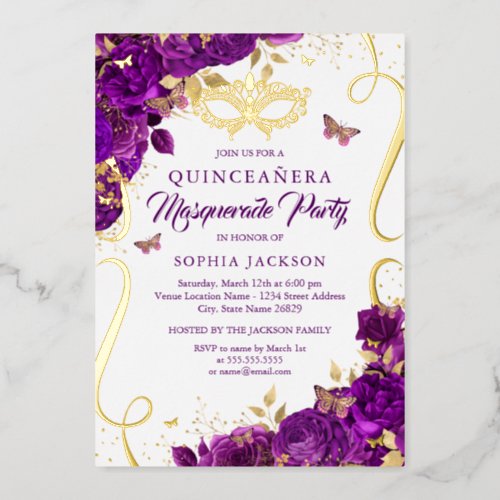 Masquerade Butterfly Gold Purple Quinceanera Foil Invitation