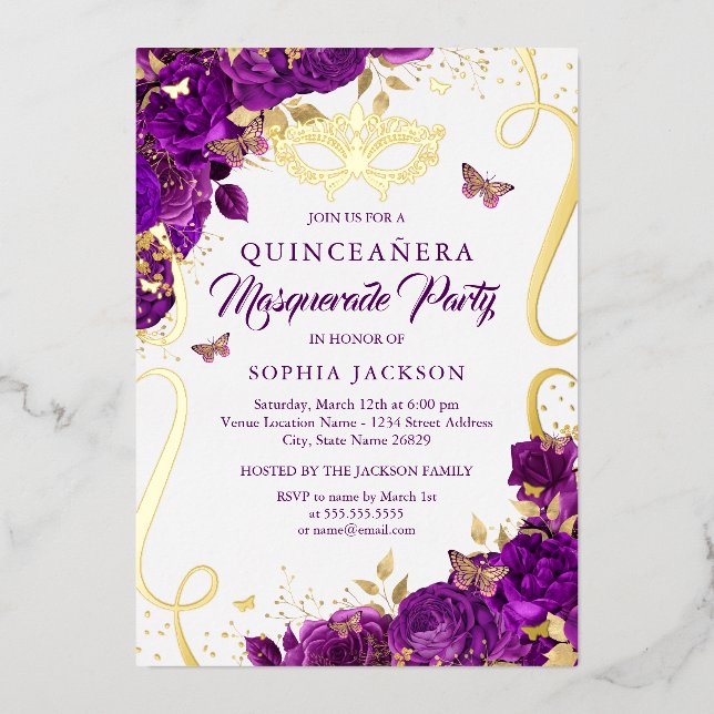 Masquerade Butterfly Gold Purple Quinceanera Foil Invitation (Front)