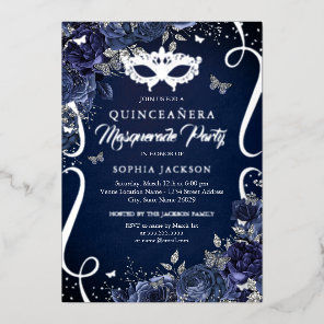 Masquerade Butterfly Navy Silver Quinceanera Foil Invitation