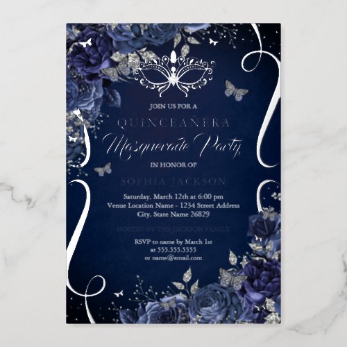 Masquerade Butterfly Navy Silver Quinceanera Foil Invitation