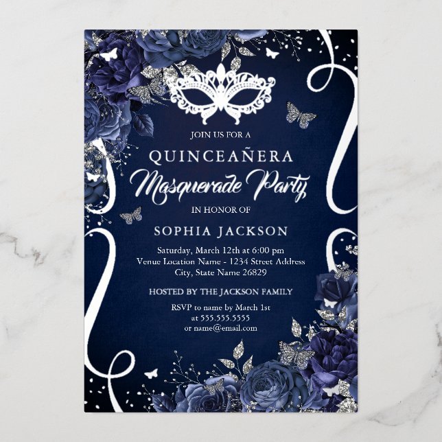 Masquerade Butterfly Navy Silver Quinceanera Foil Invitation (Front)