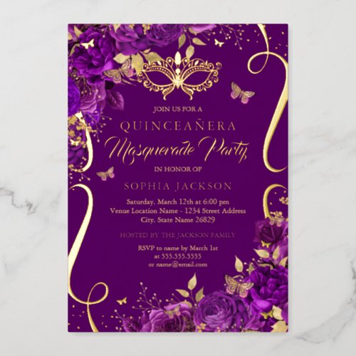 Masquerade Butterfly Purple Quinceanera Foil Invitation