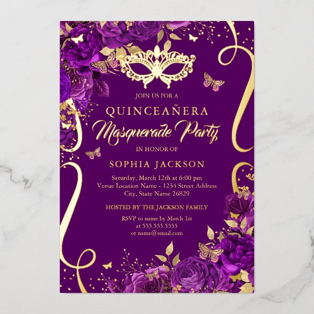 Masquerade Butterfly Purple Quinceanera Foil Invitation (Front)