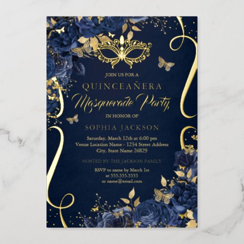 Masquerade Butterfly Royal Navy Quinceanera Foil Invitation